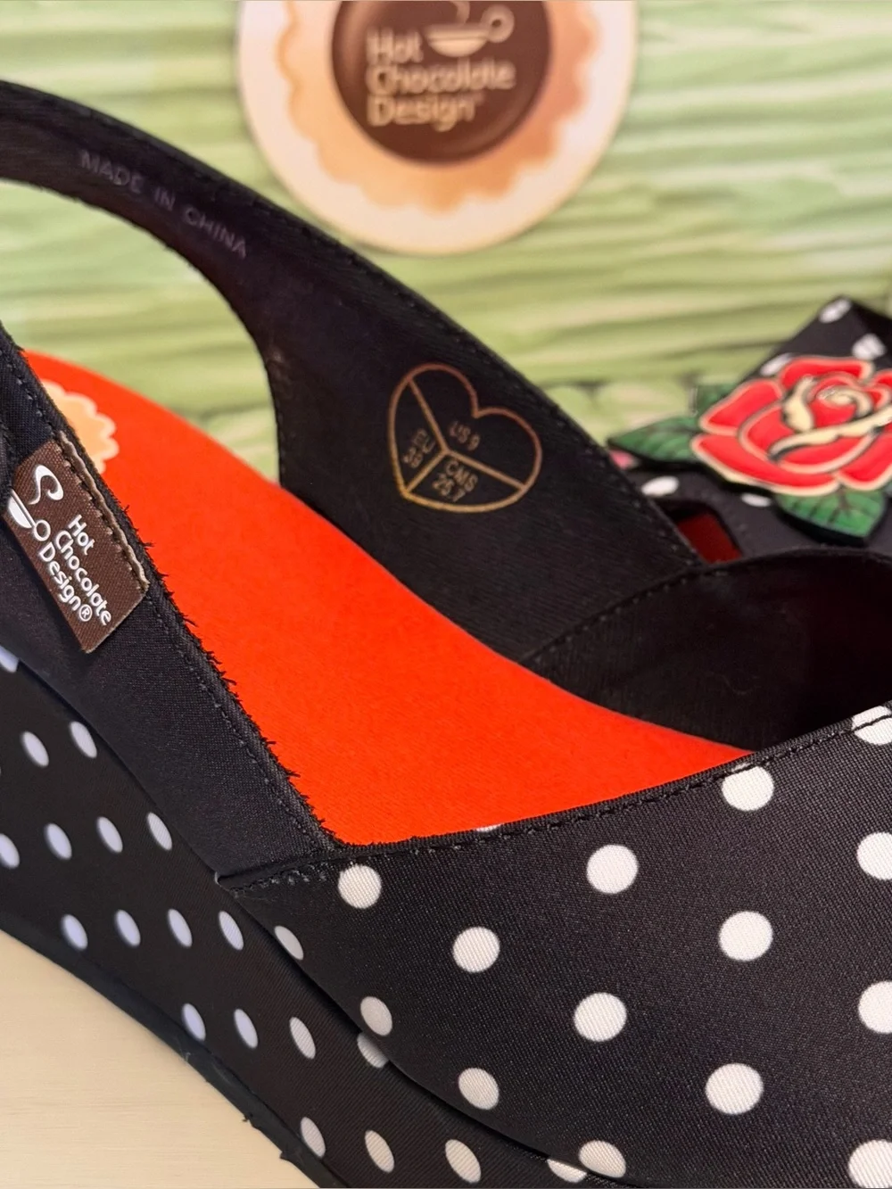 Hot Chocolate Design Rockabilly Rose Wedge Peep Toe Sandals Shoes Black Dot